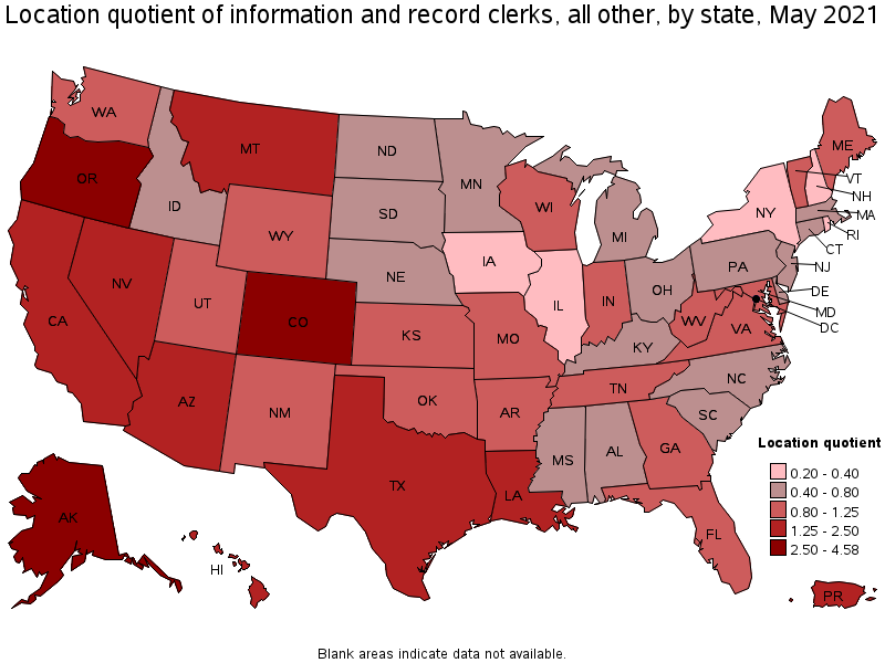 Map of location quotient of information and record clerks, all other by state, May 2021