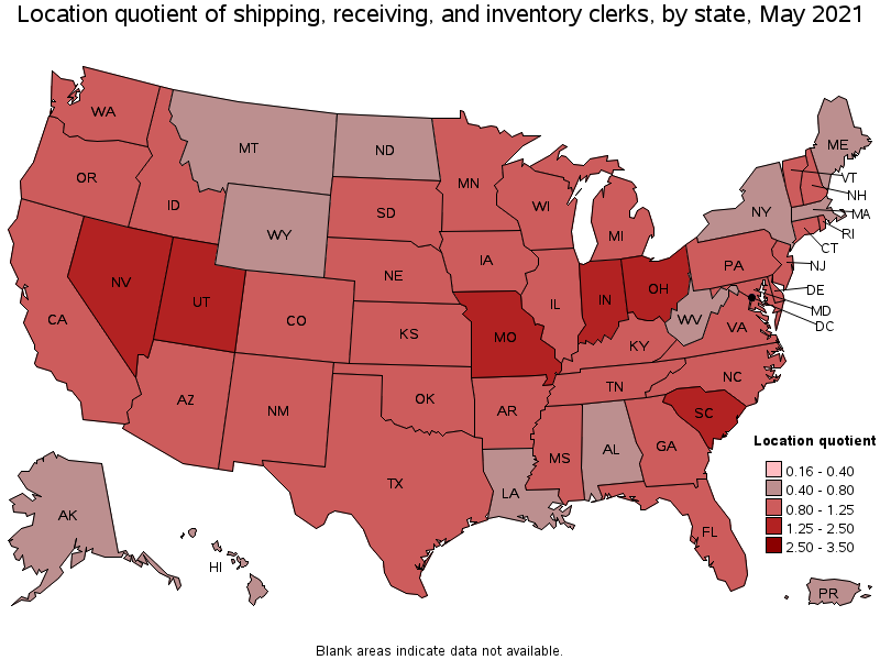 Map of location quotient of shipping, receiving, and inventory clerks by state, May 2021