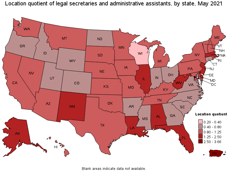 Map of location quotient of legal secretaries and administrative assistants by state, May 2021