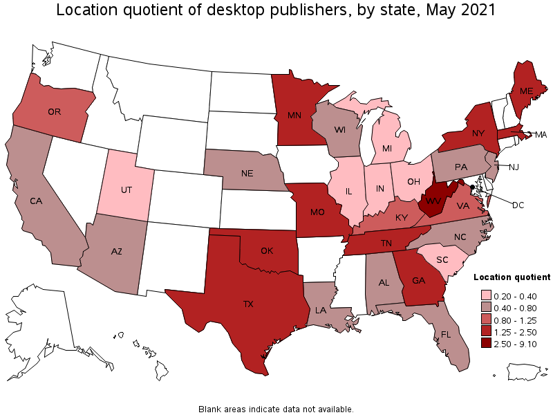 Map of location quotient of desktop publishers by state, May 2021