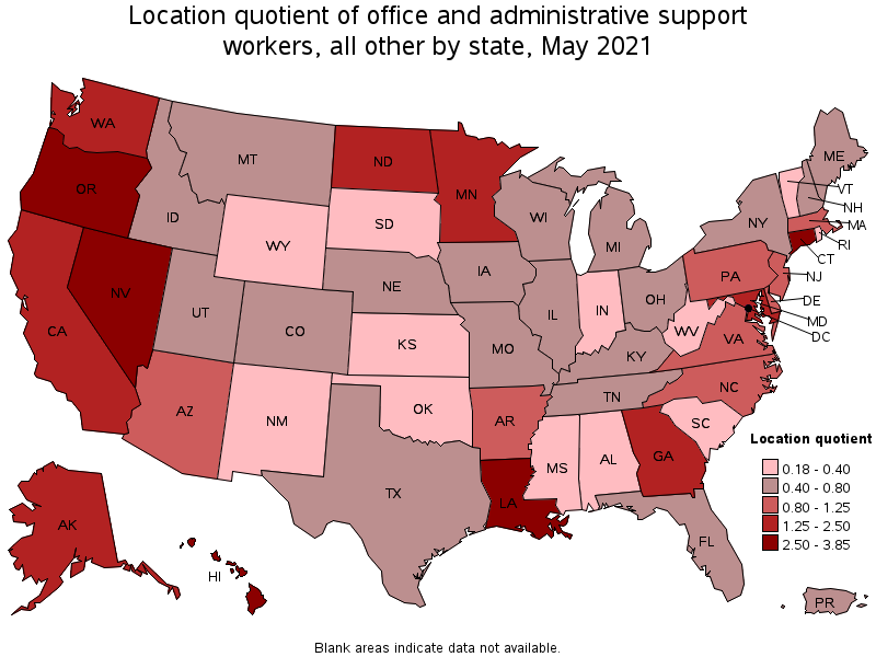 Map of location quotient of office and administrative support workers, all other by state, May 2021