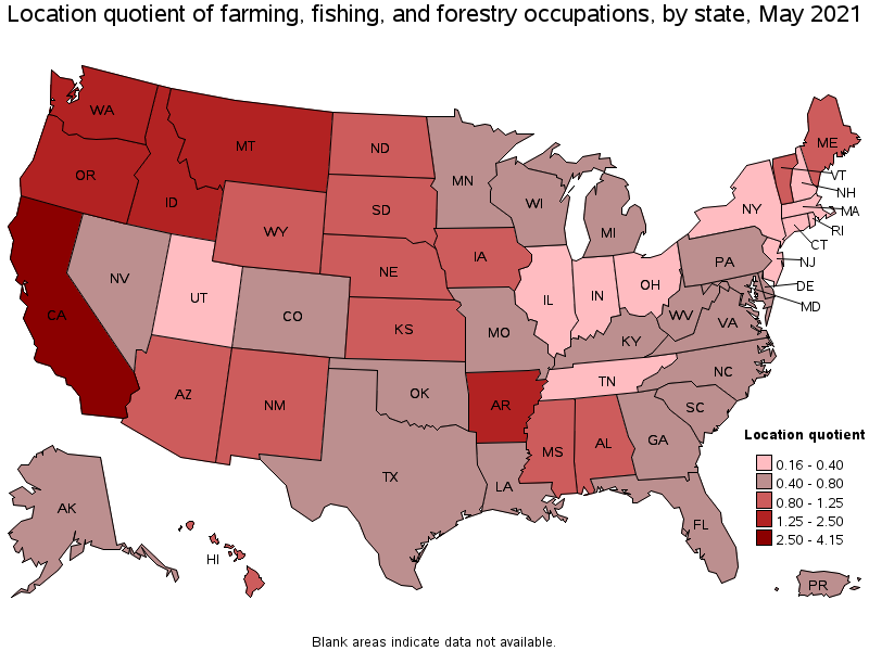 Map of location quotient of farming, fishing, and forestry occupations by state, May 2021