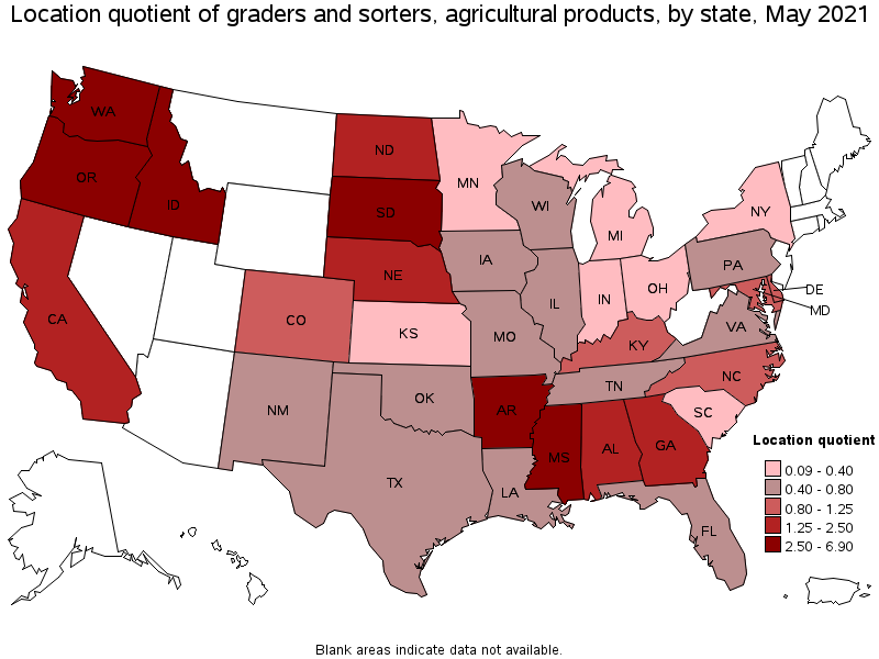 Map of location quotient of graders and sorters, agricultural products by state, May 2021