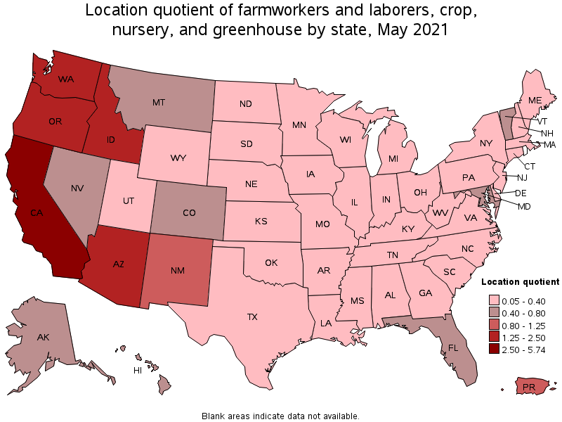 Map of location quotient of farmworkers and laborers, crop, nursery, and greenhouse by state, May 2021