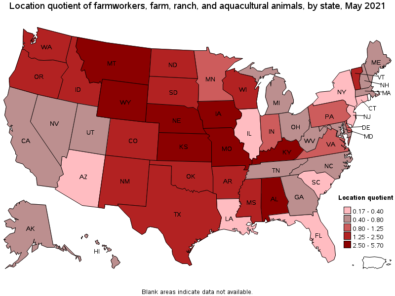 Map of location quotient of farmworkers, farm, ranch, and aquacultural animals by state, May 2021