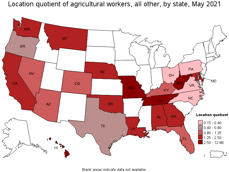 Map of location quotient of agricultural workers, all other by state, May 2021