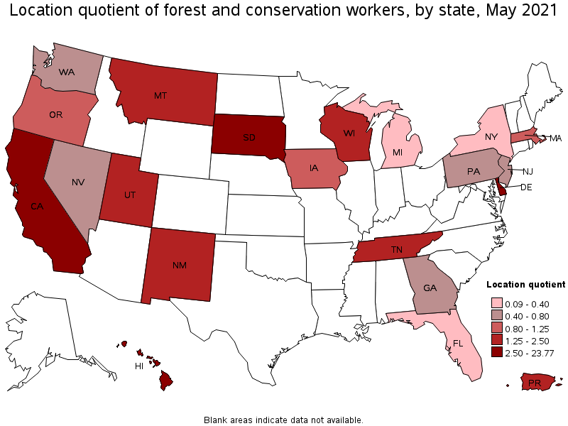 Map of location quotient of forest and conservation workers by state, May 2021