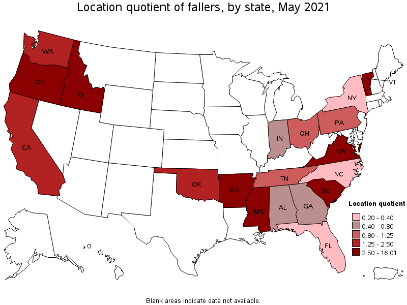 Map of location quotient of fallers by state, May 2021