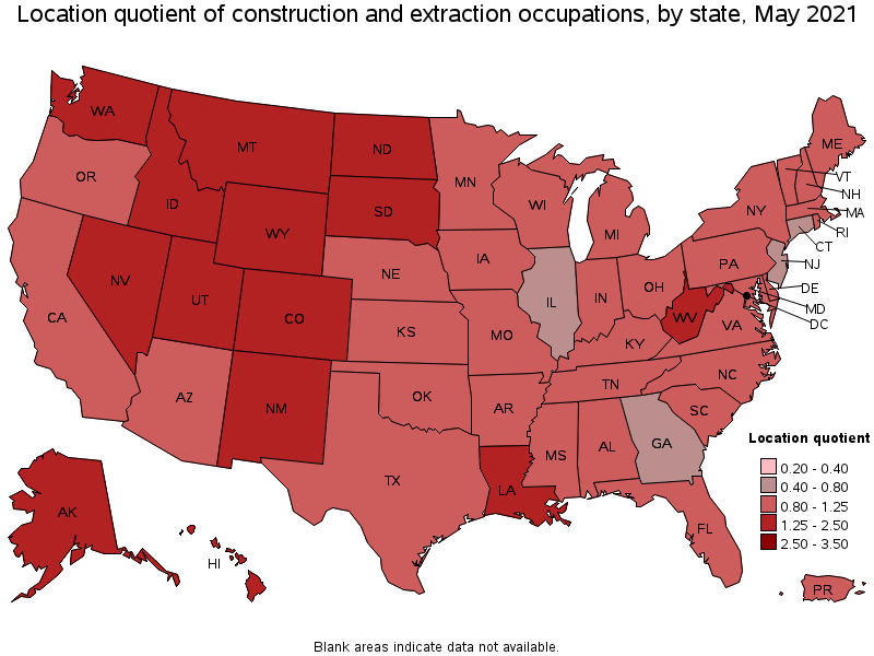 Map of location quotient of construction and extraction occupations by state, May 2021