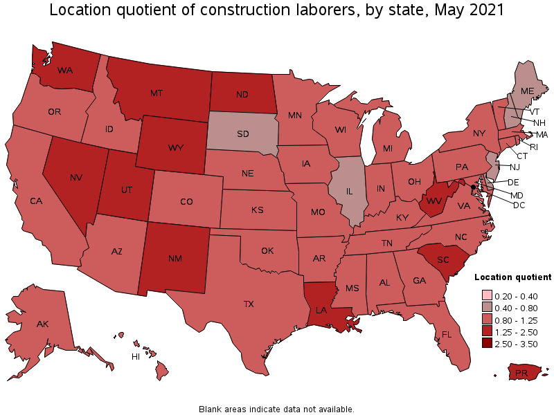 Map of location quotient of construction laborers by state, May 2021