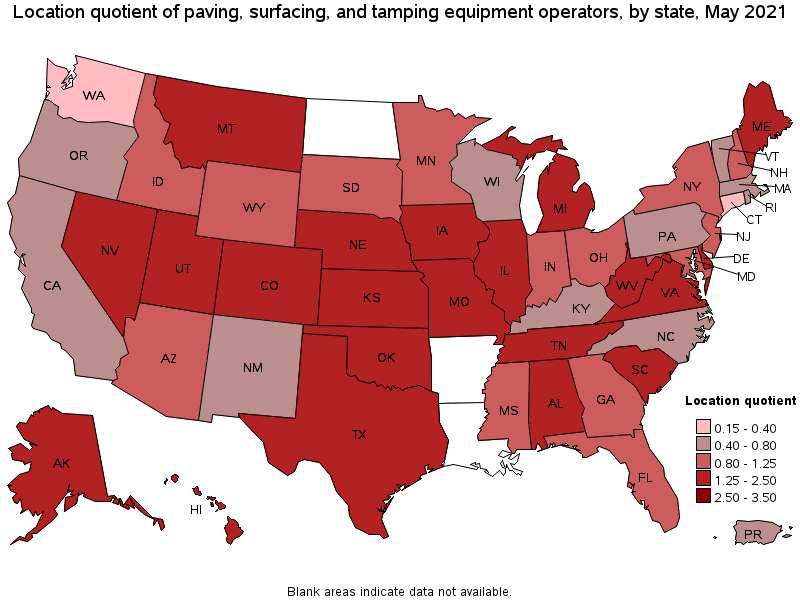 Map of location quotient of paving, surfacing, and tamping equipment operators by state, May 2021