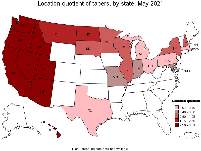 Map of location quotient of tapers by state, May 2021