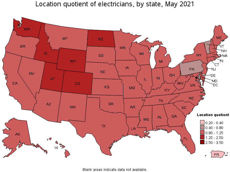 Map of location quotient of electricians by state, May 2021