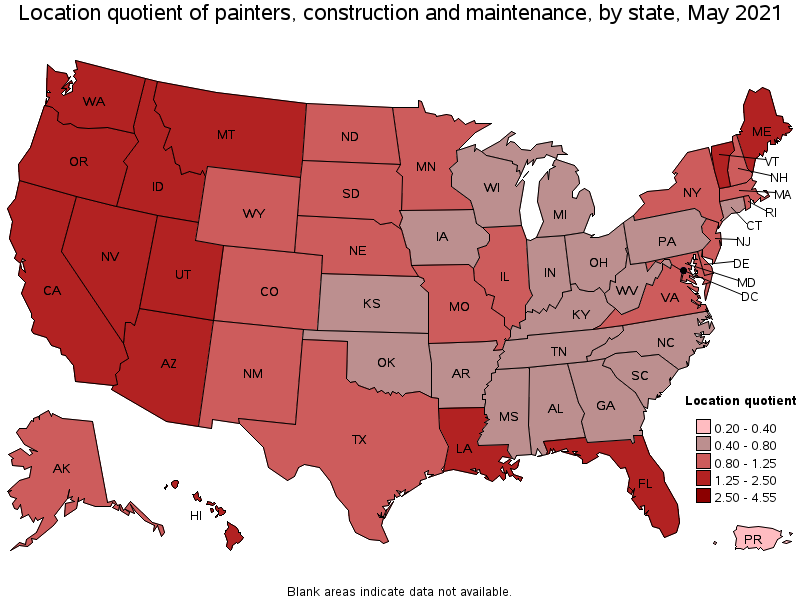 Map of location quotient of painters, construction and maintenance by state, May 2021