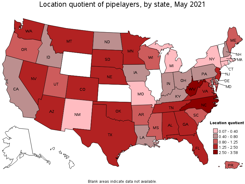 Map of location quotient of pipelayers by state, May 2021
