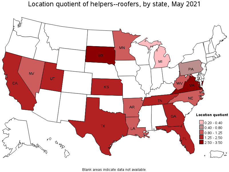 Map of location quotient of helpers--roofers by state, May 2021