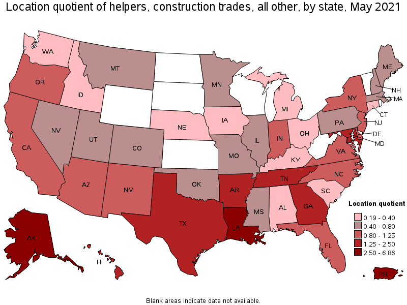 Map of location quotient of helpers, construction trades, all other by state, May 2021