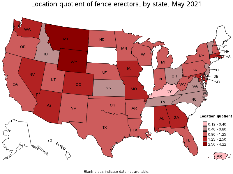 Map of location quotient of fence erectors by state, May 2021