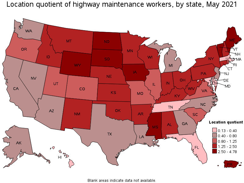 Map of location quotient of highway maintenance workers by state, May 2021