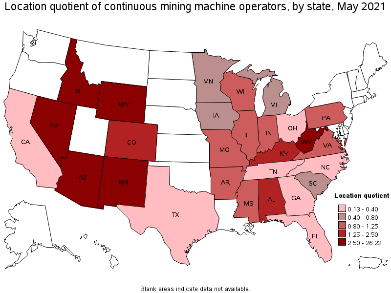 Map of location quotient of continuous mining machine operators by state, May 2021