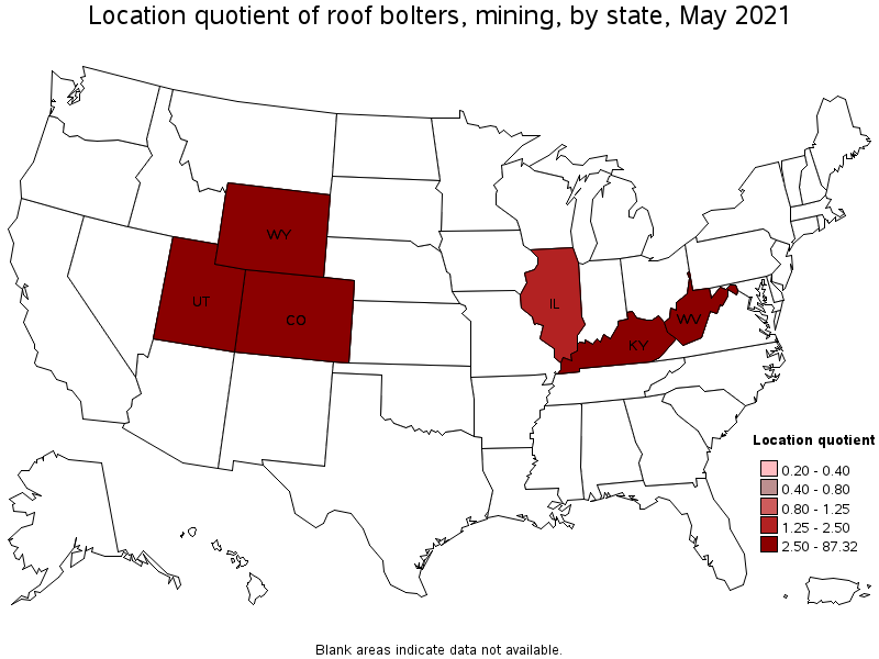 Map of location quotient of roof bolters, mining by state, May 2021