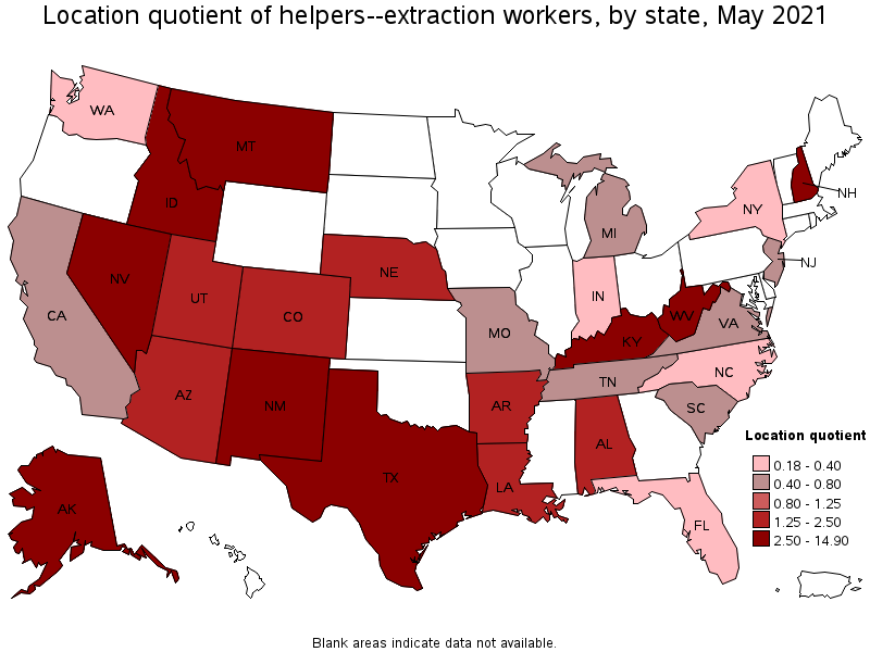 Map of location quotient of helpers--extraction workers by state, May 2021