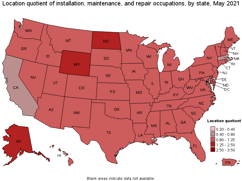 Map of location quotient of installation, maintenance, and repair occupations by state, May 2021