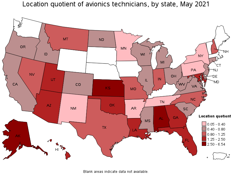 Map of location quotient of avionics technicians by state, May 2021