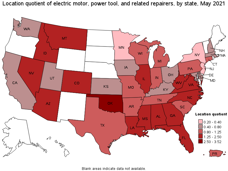 Map of location quotient of electric motor, power tool, and related repairers by state, May 2021