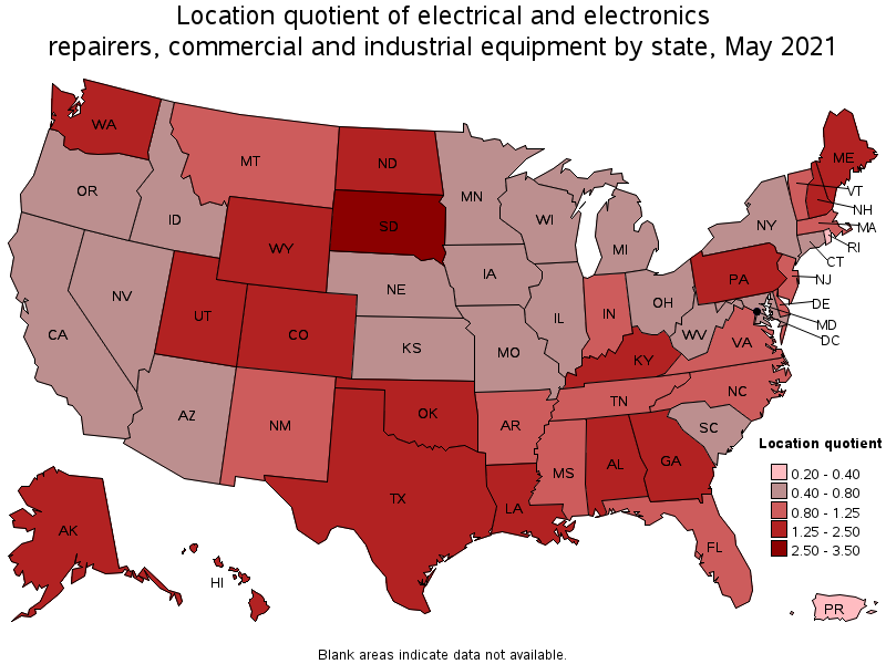Map of location quotient of electrical and electronics repairers, commercial and industrial equipment by state, May 2021