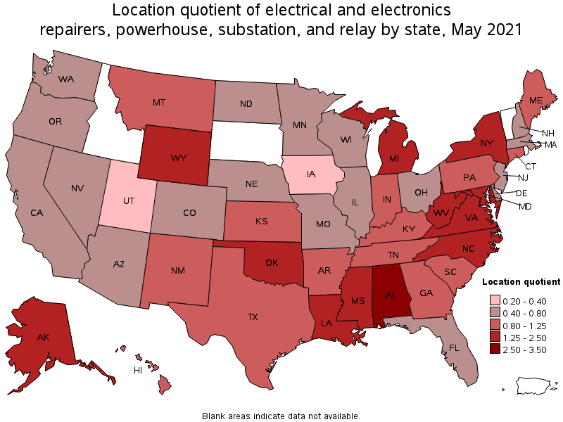 Map of location quotient of electrical and electronics repairers, powerhouse, substation, and relay by state, May 2021