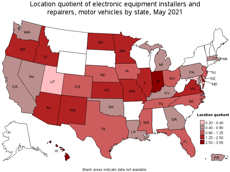 Map of location quotient of electronic equipment installers and repairers, motor vehicles by state, May 2021
