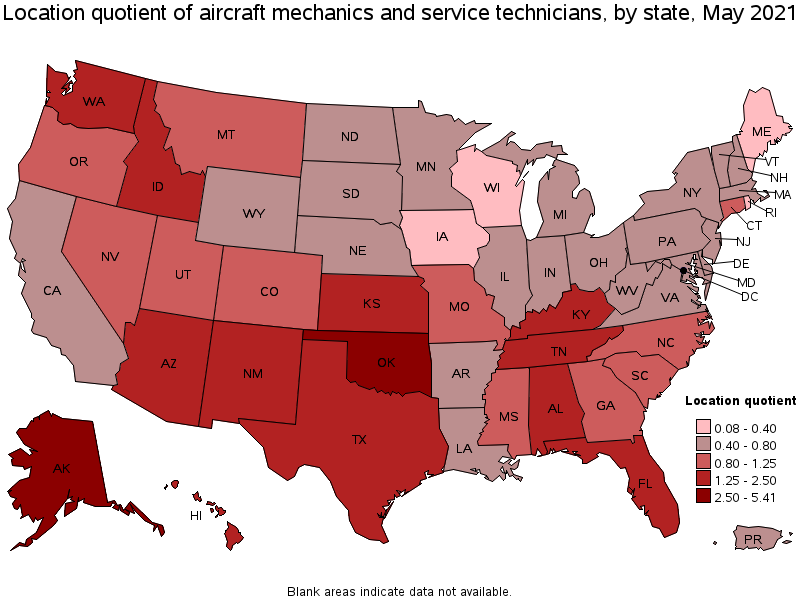 Map of location quotient of aircraft mechanics and service technicians by state, May 2021