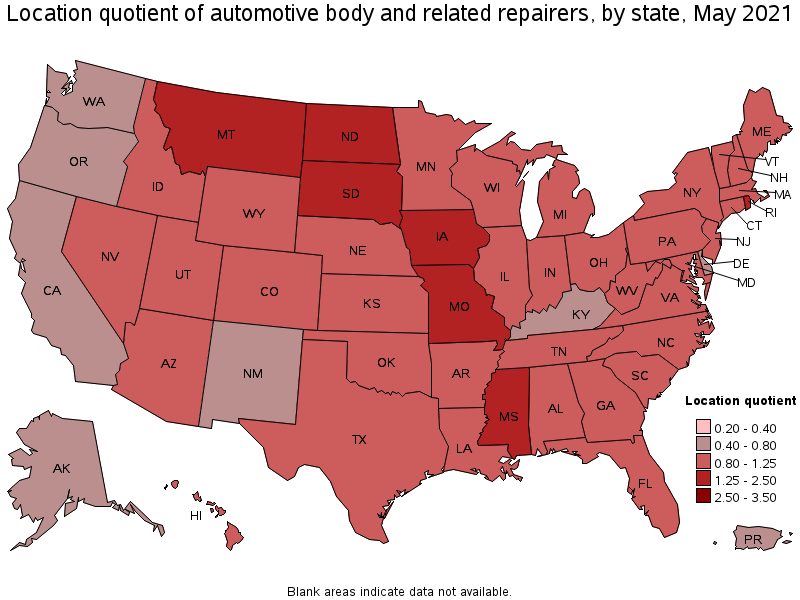 Map of location quotient of automotive body and related repairers by state, May 2021