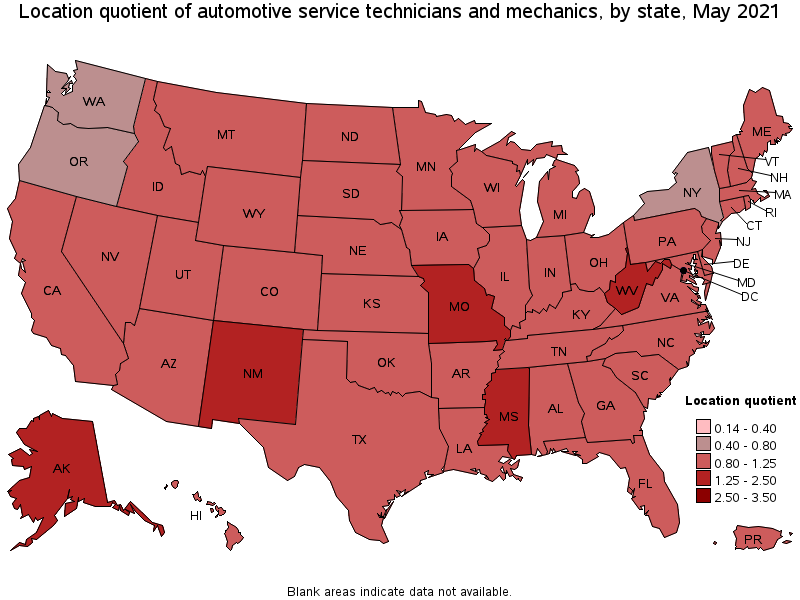 Map of location quotient of automotive service technicians and mechanics by state, May 2021