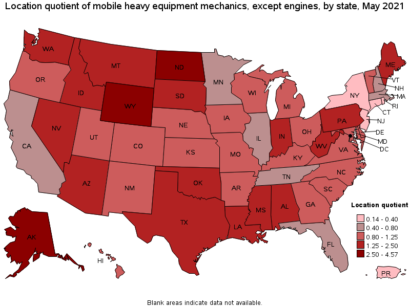 Map of location quotient of mobile heavy equipment mechanics, except engines by state, May 2021