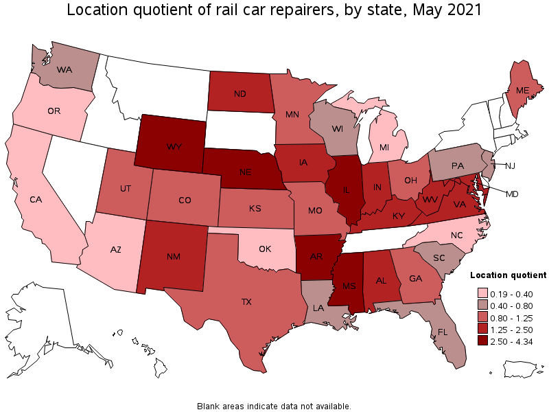 Map of location quotient of rail car repairers by state, May 2021