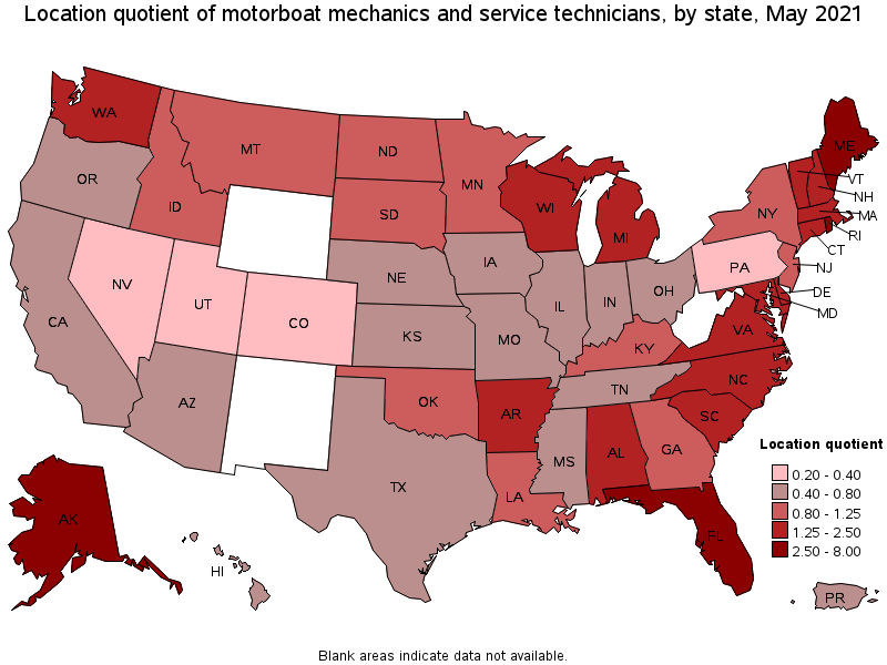 Map of location quotient of motorboat mechanics and service technicians by state, May 2021