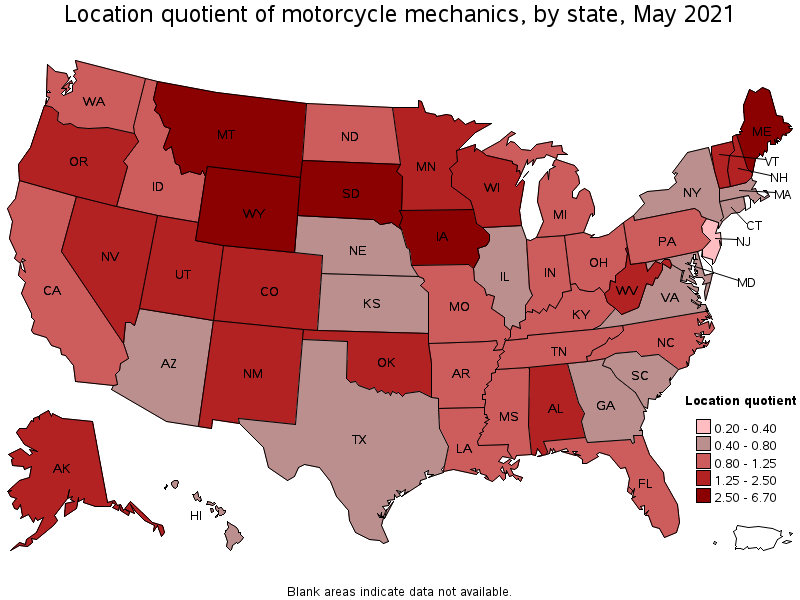 Map of location quotient of motorcycle mechanics by state, May 2021