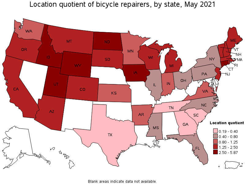 Map of location quotient of bicycle repairers by state, May 2021