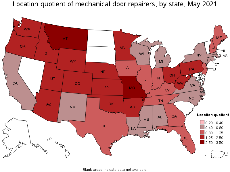 Map of location quotient of mechanical door repairers by state, May 2021