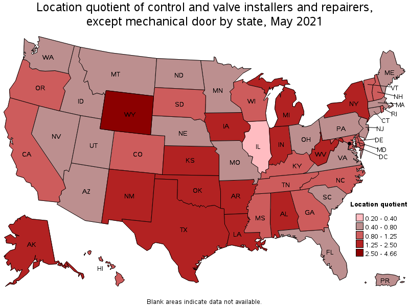 Map of location quotient of control and valve installers and repairers, except mechanical door by state, May 2021