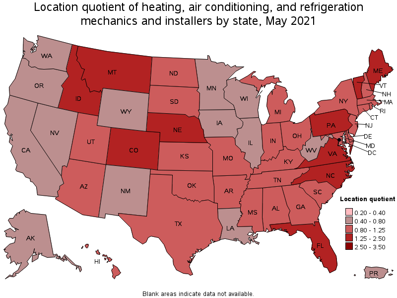 Map of location quotient of heating, air conditioning, and refrigeration mechanics and installers by state, May 2021