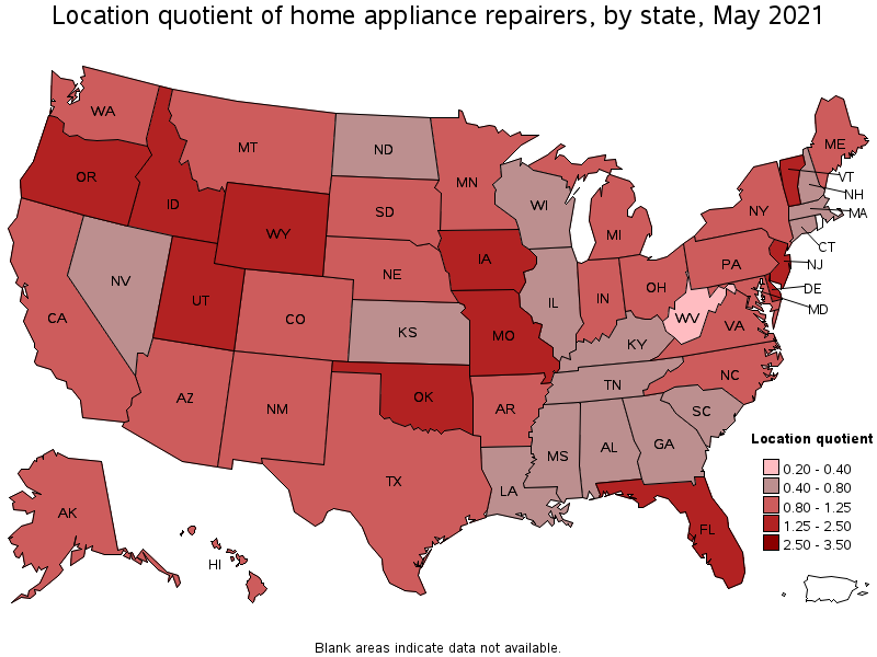 Map of location quotient of home appliance repairers by state, May 2021