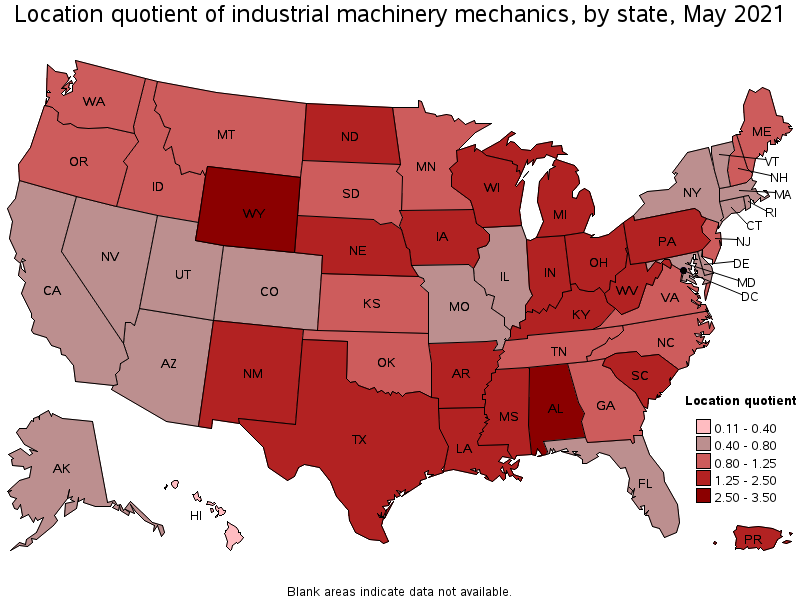 Map of location quotient of industrial machinery mechanics by state, May 2021