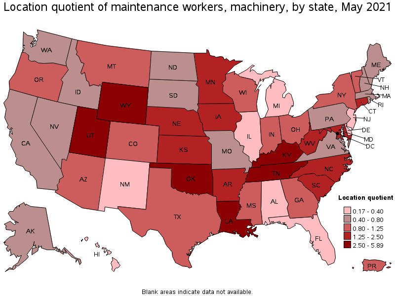 Map of location quotient of maintenance workers, machinery by state, May 2021