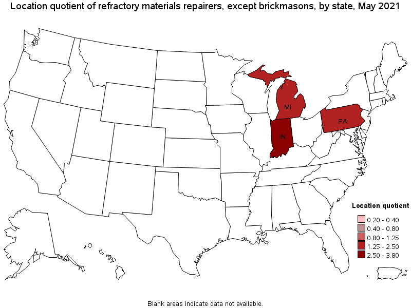 Map of location quotient of refractory materials repairers, except brickmasons by state, May 2021