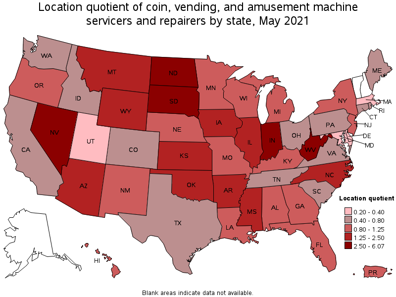 Map of location quotient of coin, vending, and amusement machine servicers and repairers by state, May 2021