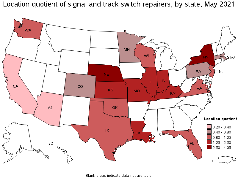Map of location quotient of signal and track switch repairers by state, May 2021