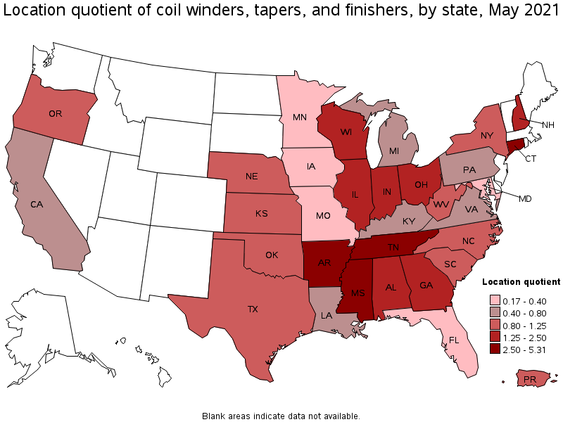 Map of location quotient of coil winders, tapers, and finishers by state, May 2021